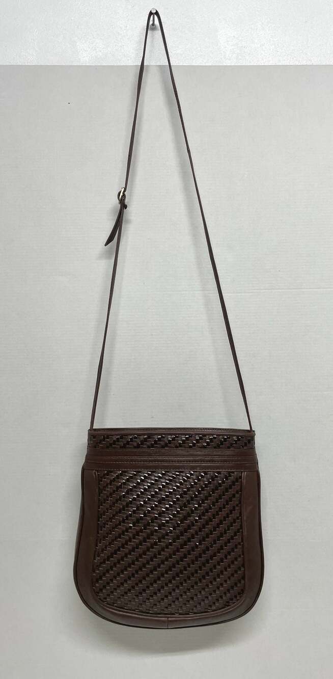 Vintage Woven Brown Leather Crossbody Saddle Bag Purse Boho Whimsy 90s Minimal